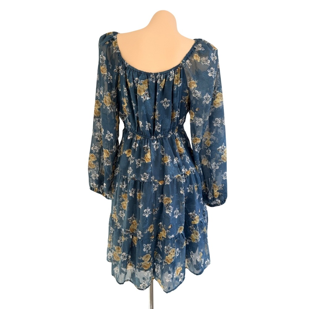 Baltic Born Lombard Tiered Dress Blue Gold Floral Cottagecore Boho Mini Medium - Picture 4 of 15